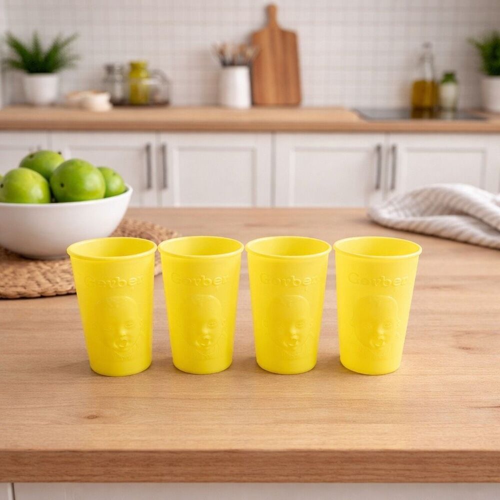 YELLOW Gerber Products Baby Face CUPS Plastic USA 1950s-1960s set of 4 vtge